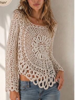Tempo Paris Vintage Inspired Crochet Open Weave Asymmetrical Sweater Large